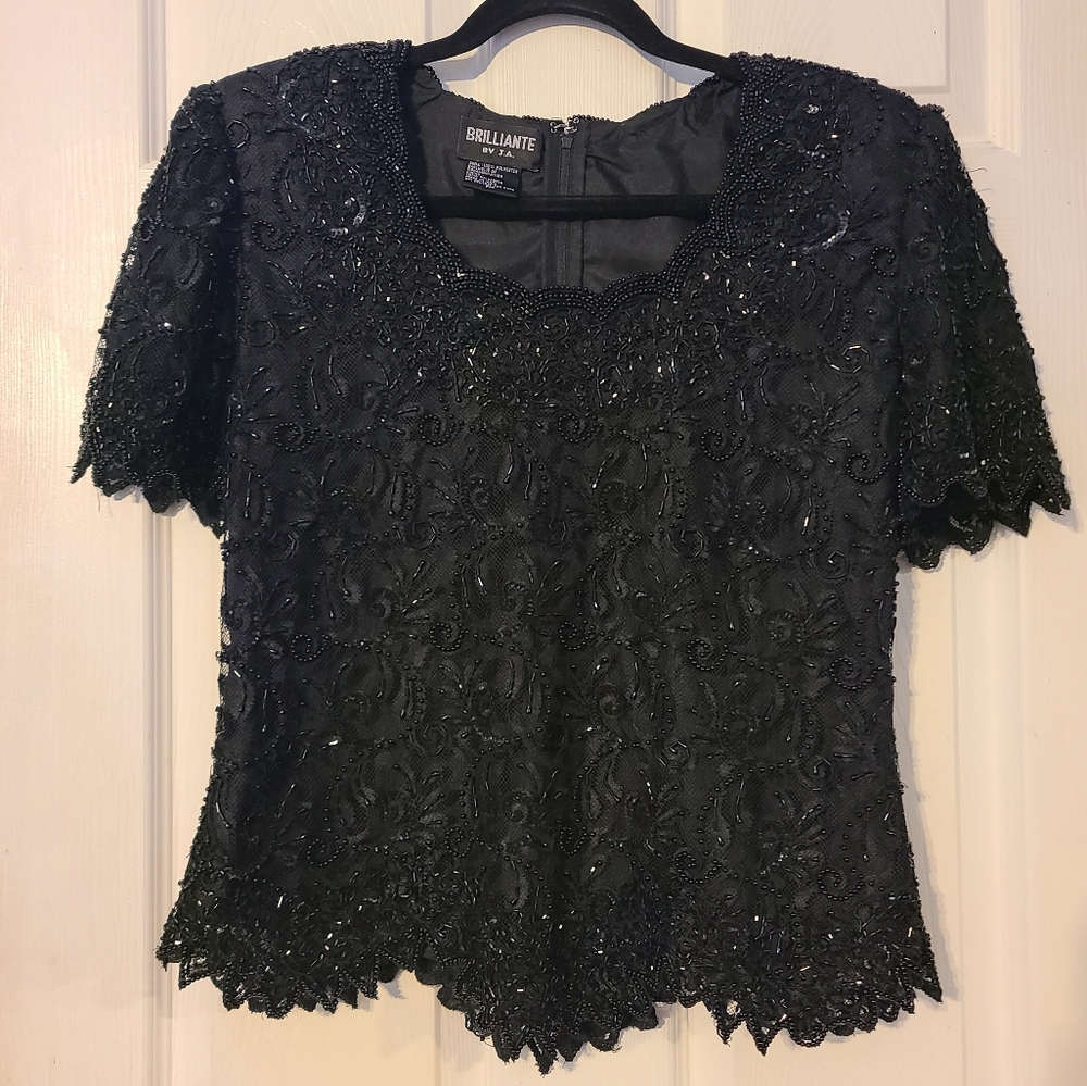 Sequin Scoop neck Blouse Brilliante by J.A. Scalloped Hem PM